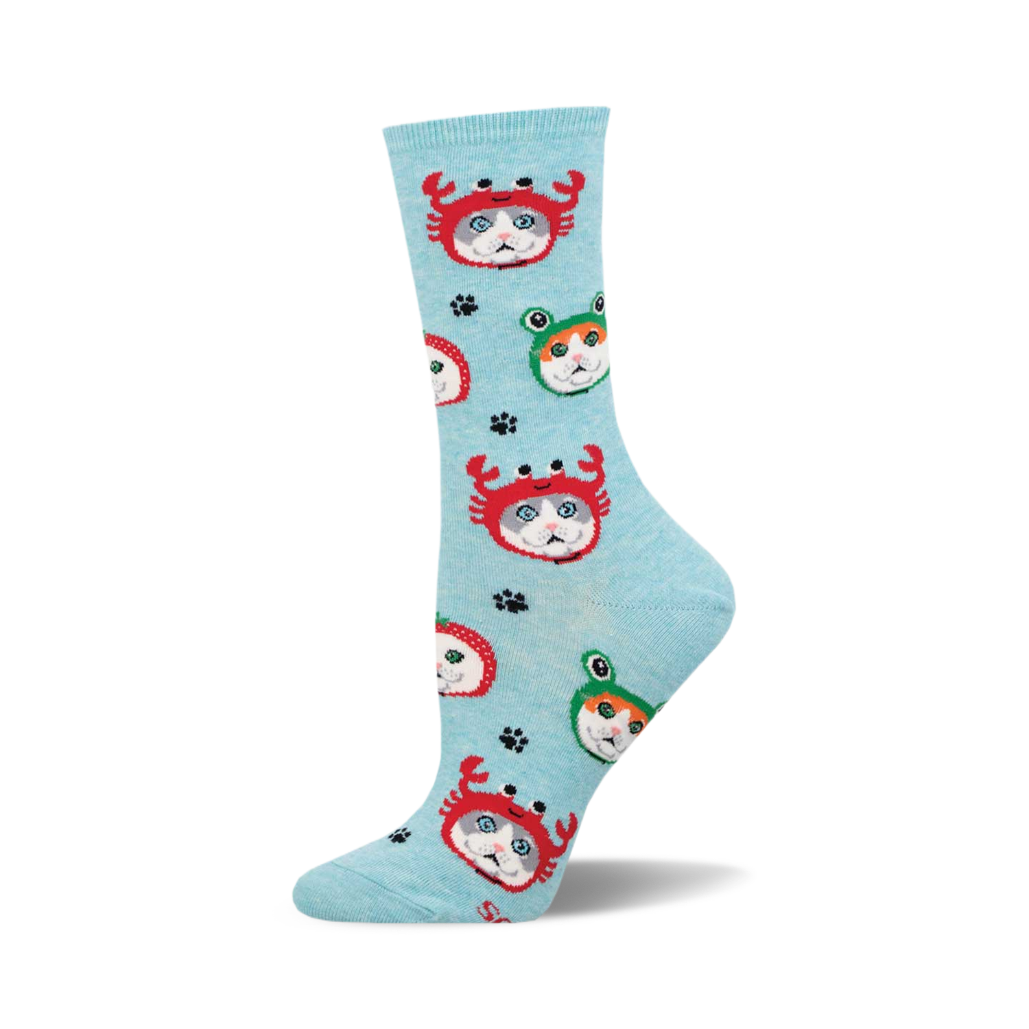 An upright light blue crew sock patterned with grey and white cats in red crab and green frog hats.