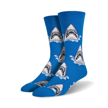 shark attack shark themed mens blue novelty crew socks