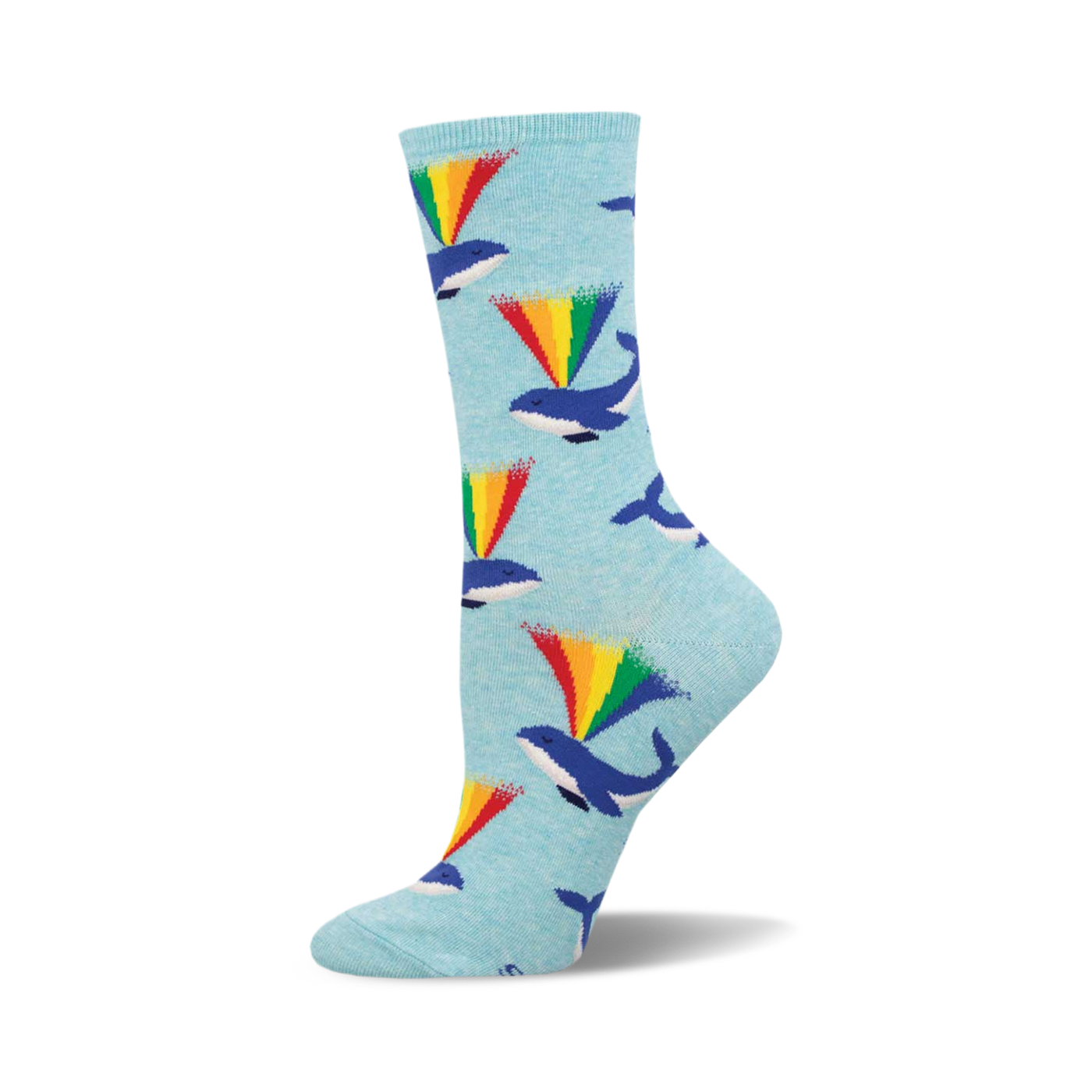 Crew socks in light blue with a pattern of whales spouting rainbows. The main colors are blue, green, yellow, orange, and red.
