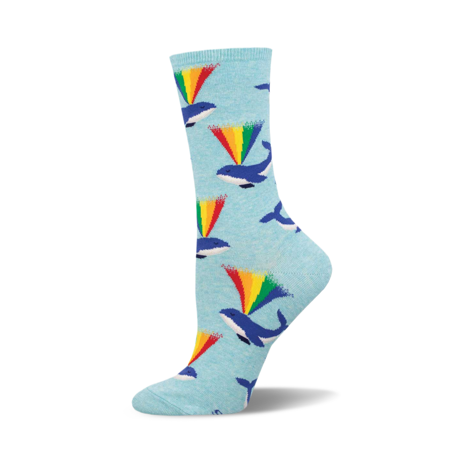 Crew socks in light blue with a pattern of whales spouting rainbows. The main colors are blue, green, yellow, orange, and red.