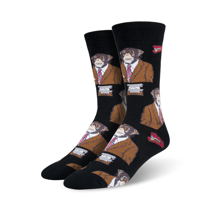 men's monkey biz crew socks feature black monkeys in ties and briefcases.   }}