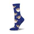Crew socks in royal blue featuring a repeating pattern of cute cartoon pufferfish and bubbles.