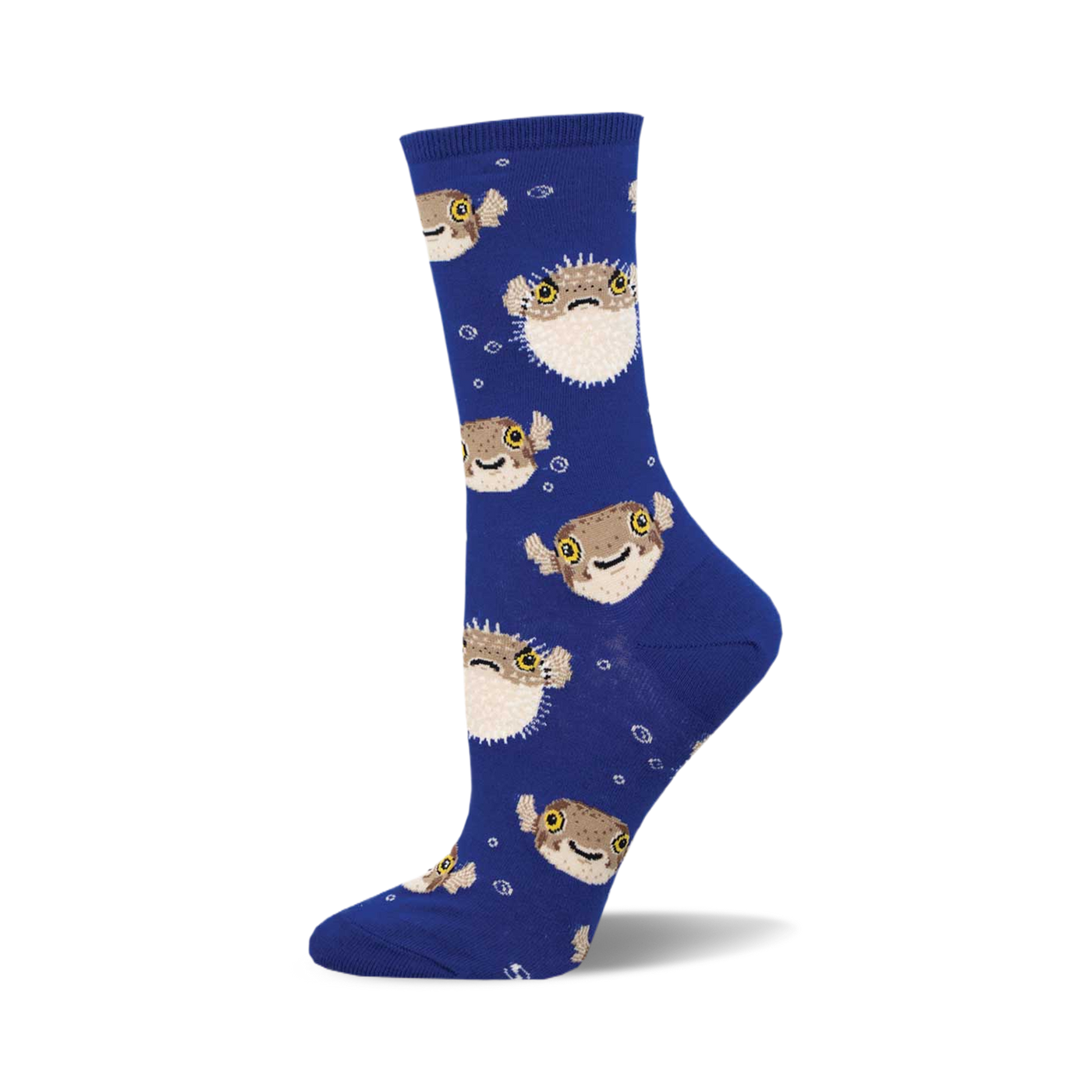 Crew socks in royal blue featuring a repeating pattern of cute cartoon pufferfish and bubbles.