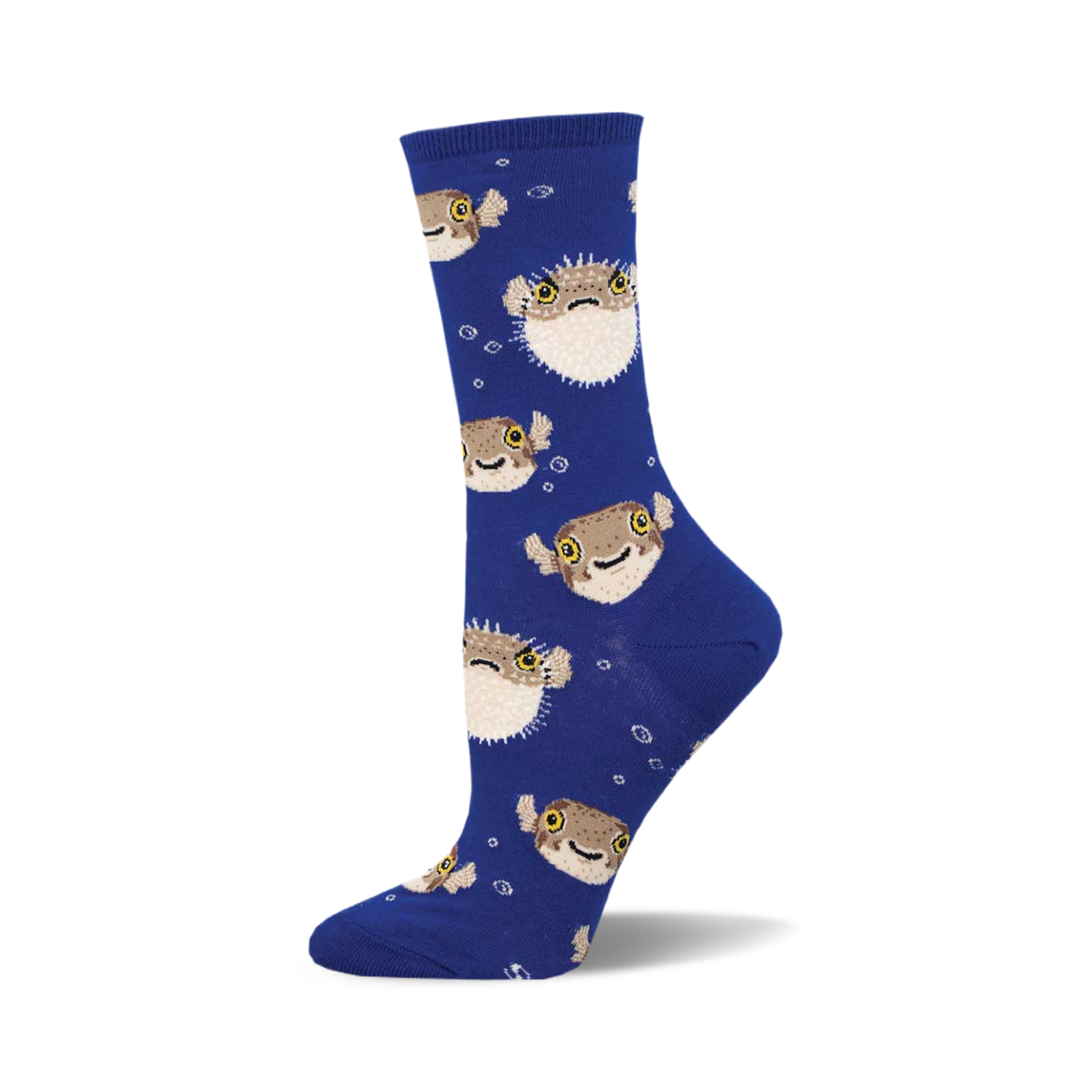 Crew socks in royal blue featuring a repeating pattern of cute cartoon pufferfish and bubbles.