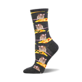 Crew socks in dark grey with a repeating pattern of rats sitting on pizza slices. The pizza has pepperoni and olives.  Fun and quirky!