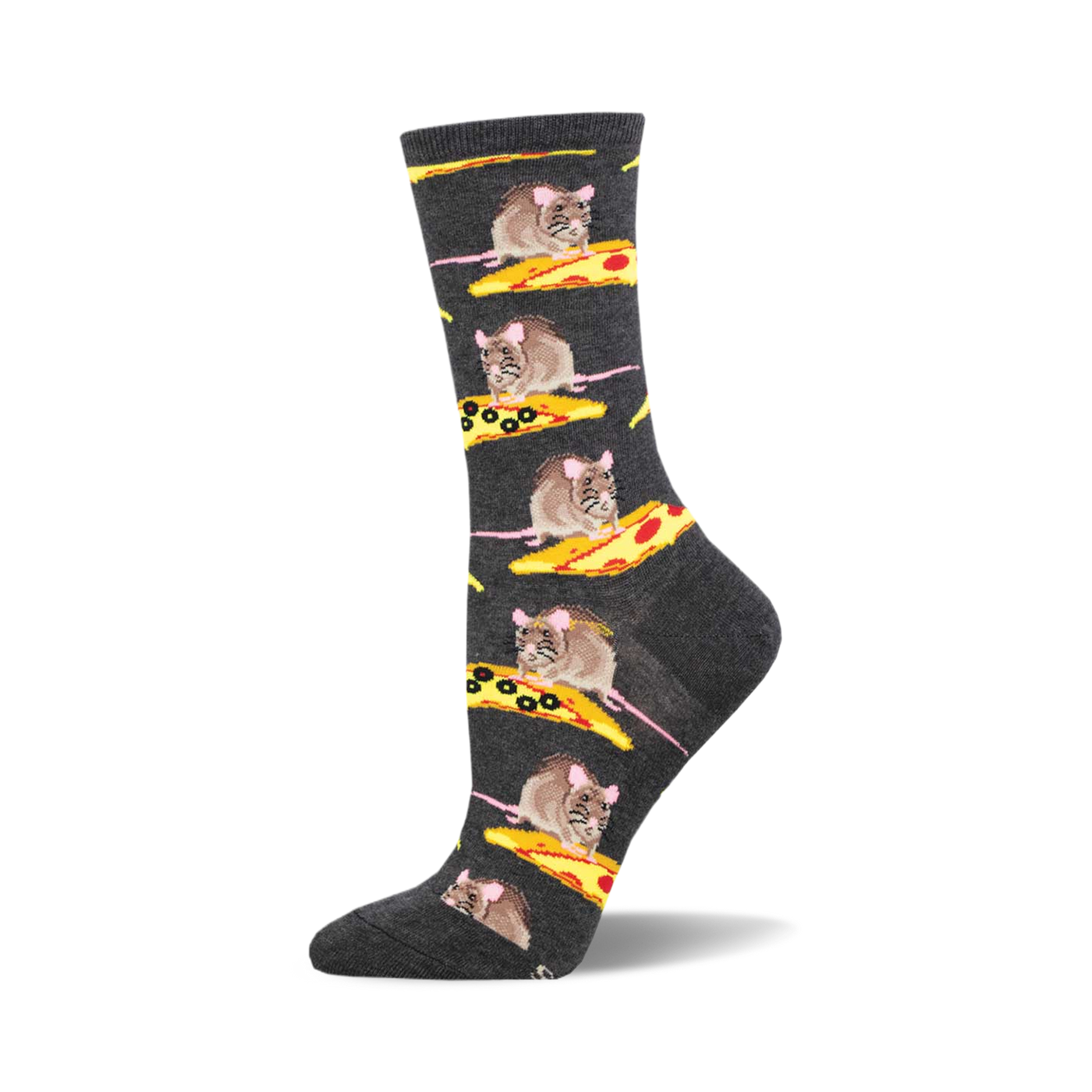 Crew socks in dark grey with a repeating pattern of rats sitting on pizza slices. The pizza has pepperoni and olives.  Fun and quirky!