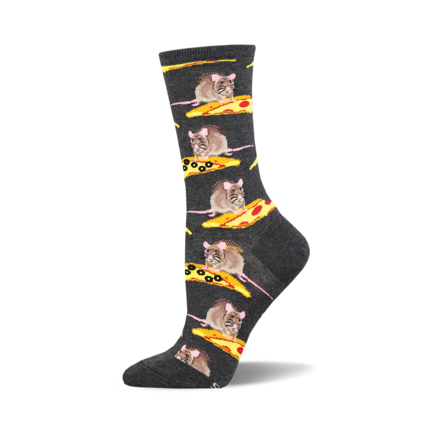 Crew socks in dark grey with a repeating pattern of rats sitting on pizza slices. The pizza has pepperoni and olives.  Fun and quirky!