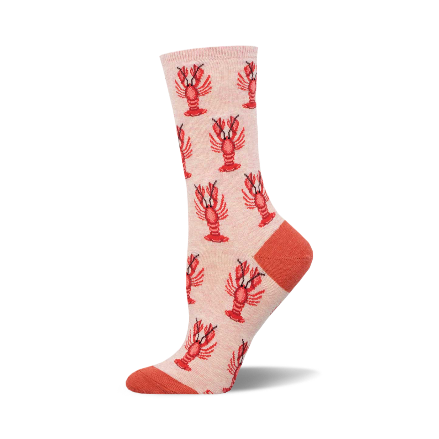 A side view of a blush pink crew sock with a repeating pattern of red cartoon lobsters. The sock's toe and heel are a coral color.