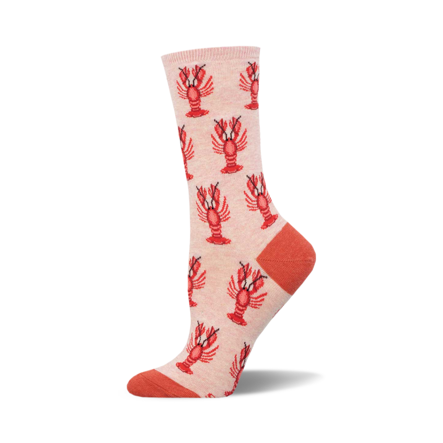 A side view of a blush pink crew sock with a repeating pattern of red cartoon lobsters. The sock's toe and heel are a coral color.