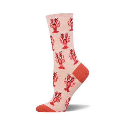 Ankle socks with a light pink base patterned with red lobsters. Has reddish-orange solid color heel and toe.