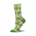 Crew socks in green with a repeating pattern of geese wearing baseball caps, mushrooms, and butterflies.