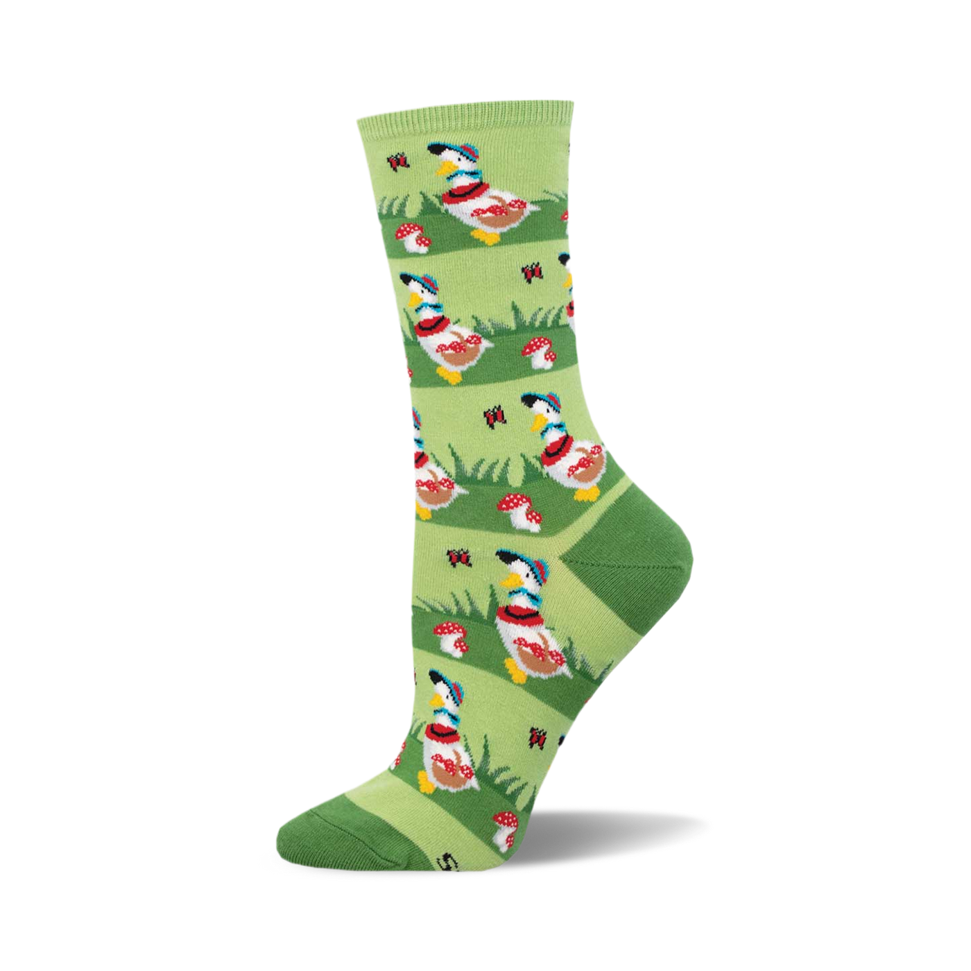 Crew socks in green with a repeating pattern of geese wearing baseball caps, mushrooms, and butterflies.