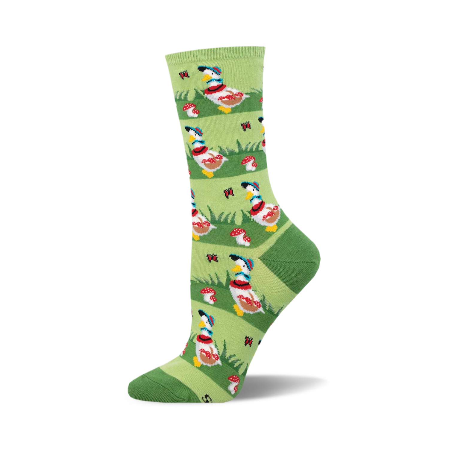 Crew socks in green with a repeating pattern of geese wearing baseball caps, mushrooms, and butterflies.