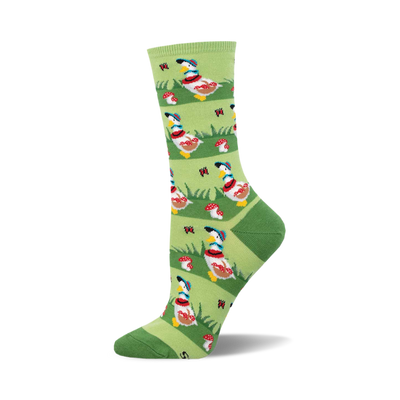 Crew socks in light green with darker green sections. Features a pattern of colorful geese and red spotted mushrooms in grass.