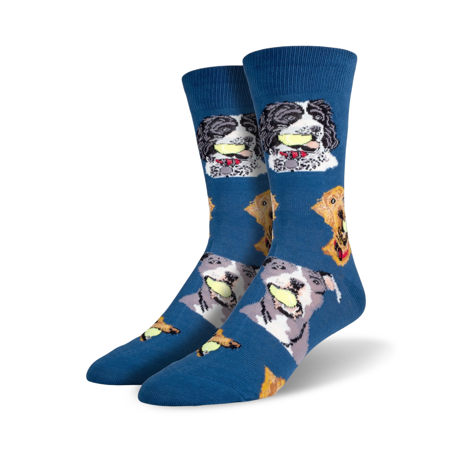 A pair of crew socks in blue featuring various dogs playfully holding tennis balls. The dogs are in shades of grey, black, and brown.