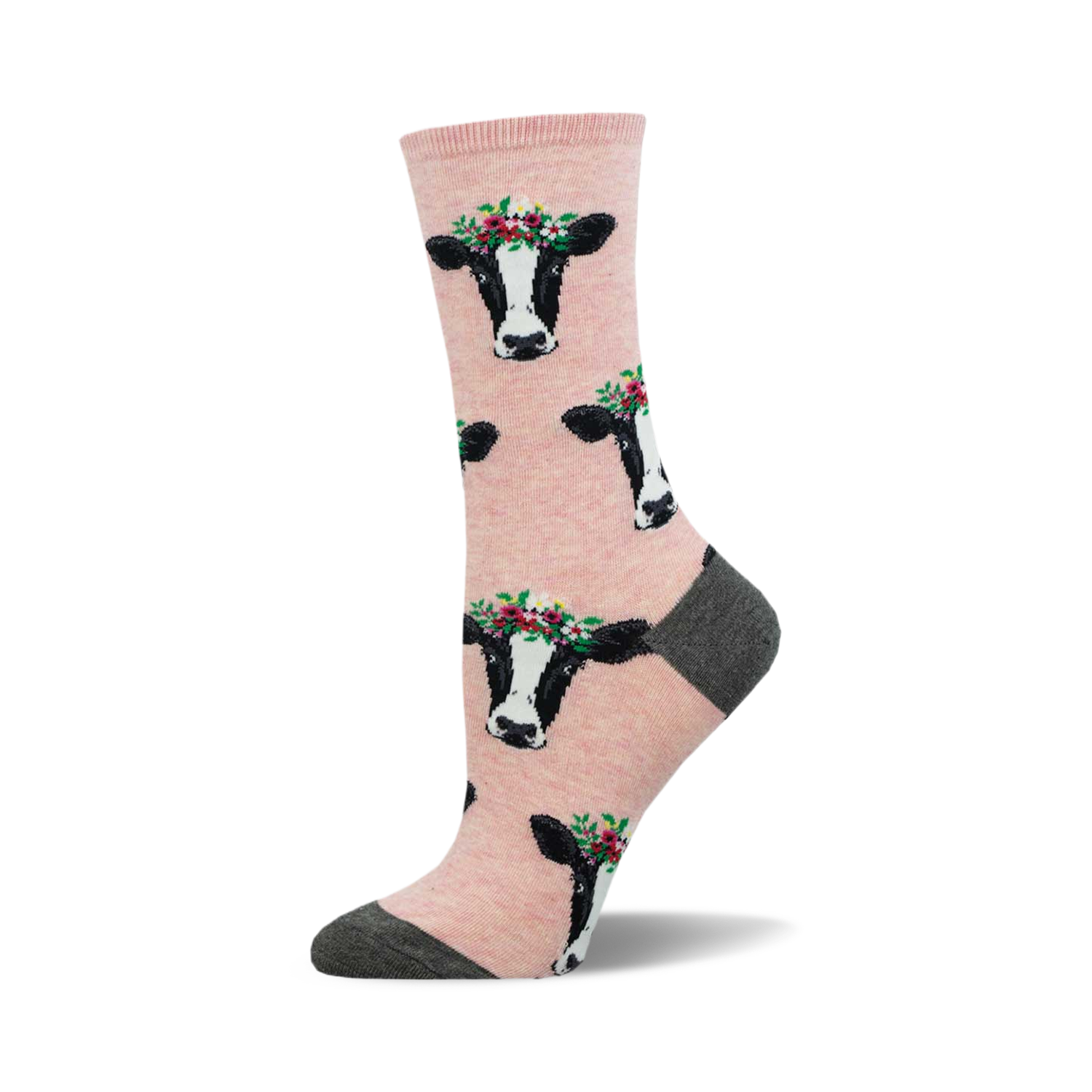 Lifestyle shot of 'Wow Cow' socks on a person's feet, showcasing the socks' light pink color and design.