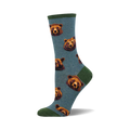 A pair of teal crew socks with a repeating pattern of brown bear faces. The socks have a green cuff.