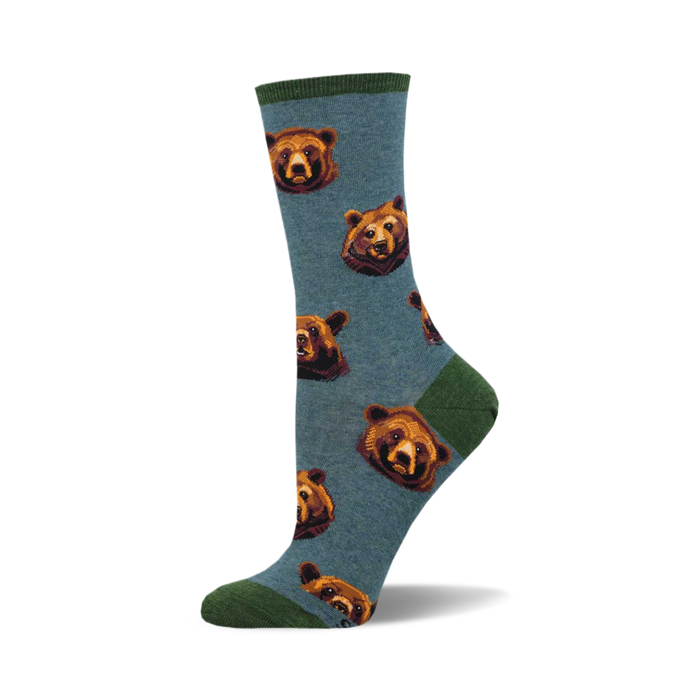 A pair of teal crew socks with a repeating pattern of brown bear faces. The socks have a green cuff.