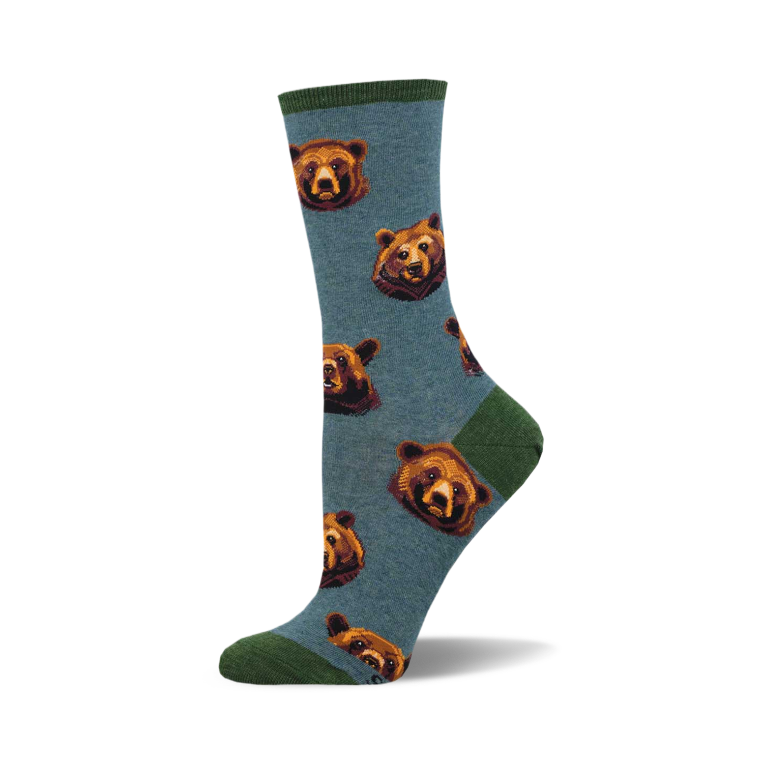 A pair of teal crew socks with a repeating pattern of brown bear faces. The socks have a green cuff.