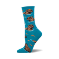 Teal crew socks with a repeating pattern of brown capybaras floating in water and small orange circles.