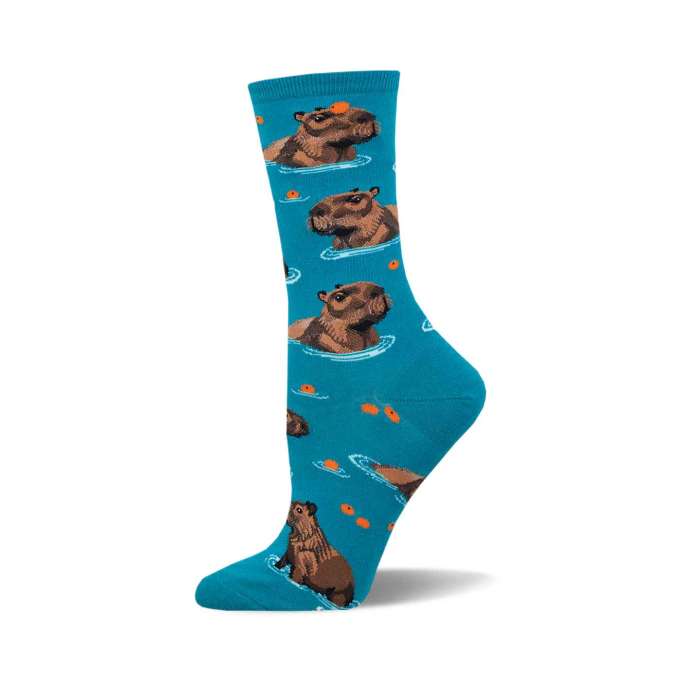 Teal crew socks with a repeating pattern of brown capybaras floating in water and small orange circles.