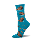 Teal crew socks with a repeating pattern of brown capybaras floating in water and small orange circles.