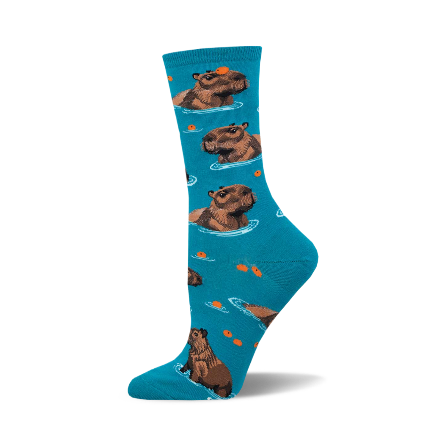 Teal crew socks with a repeating pattern of brown capybaras floating in water and small orange circles.