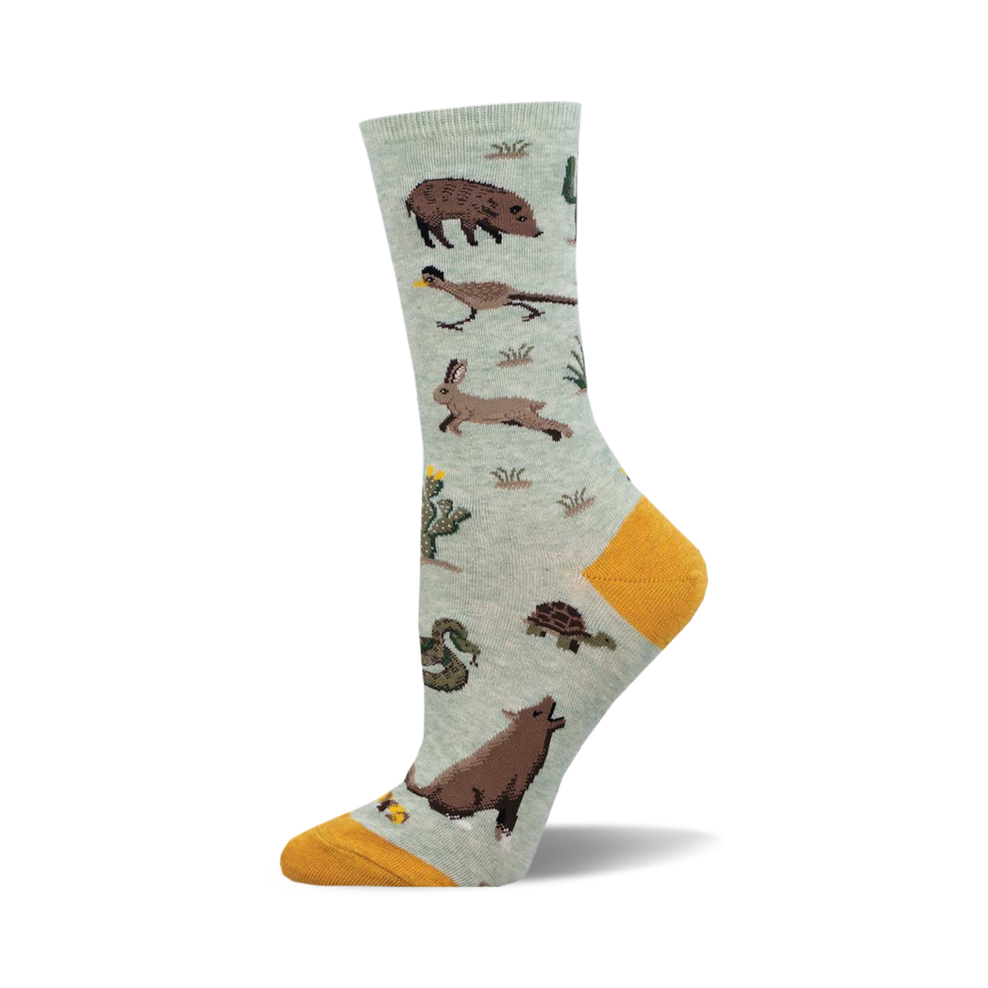 Crew socks in light green with a desert theme.  Features cacti, a tortoise, a snake, a javelina, and other desert animals. Yellow heel and toe.