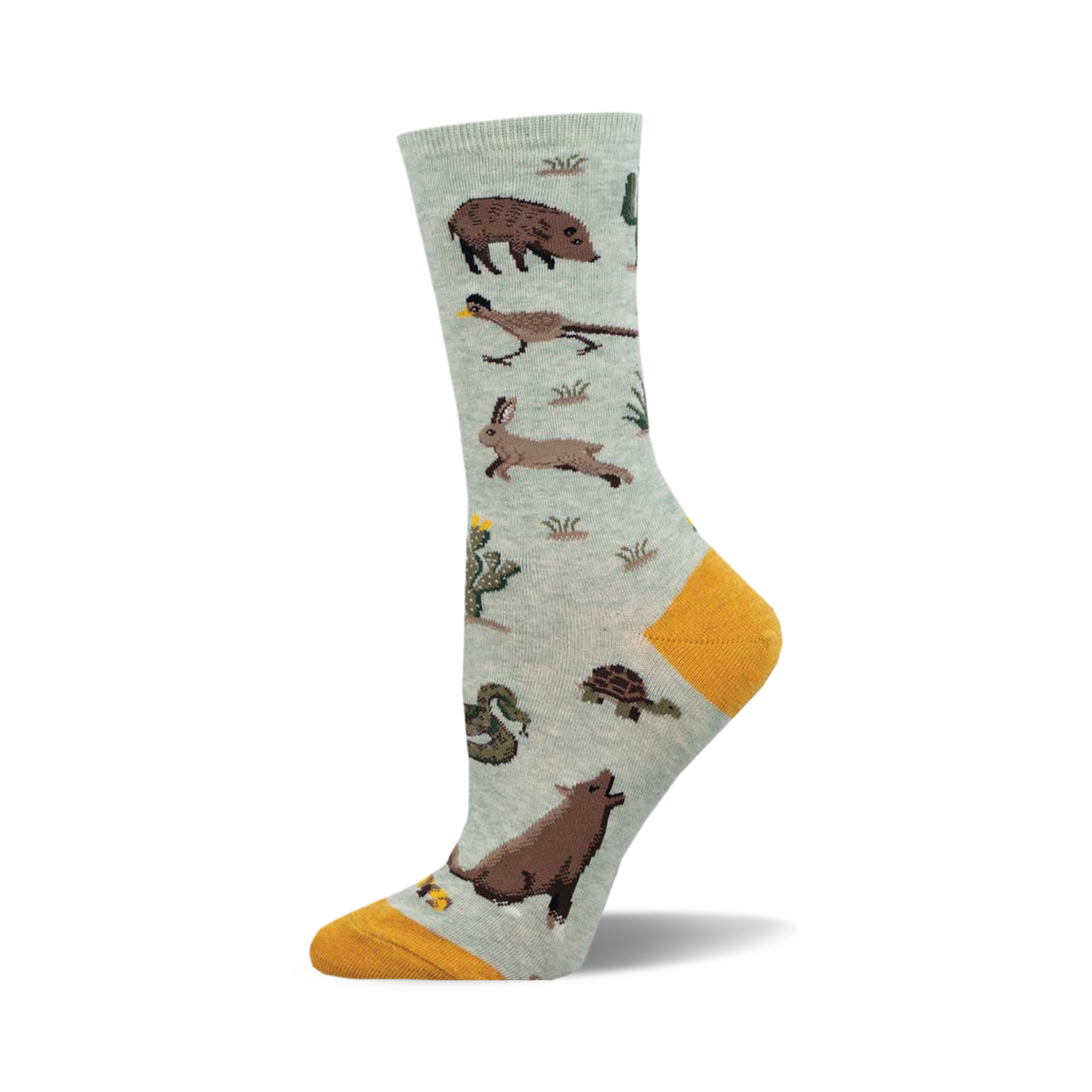 Crew socks in light green with a desert theme.  Features cacti, a tortoise, a snake, a javelina, and other desert animals. Yellow heel and toe.