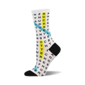 White crew socks with a black, yellow, and teal word search design.  Letters are playfully scattered across the sock.