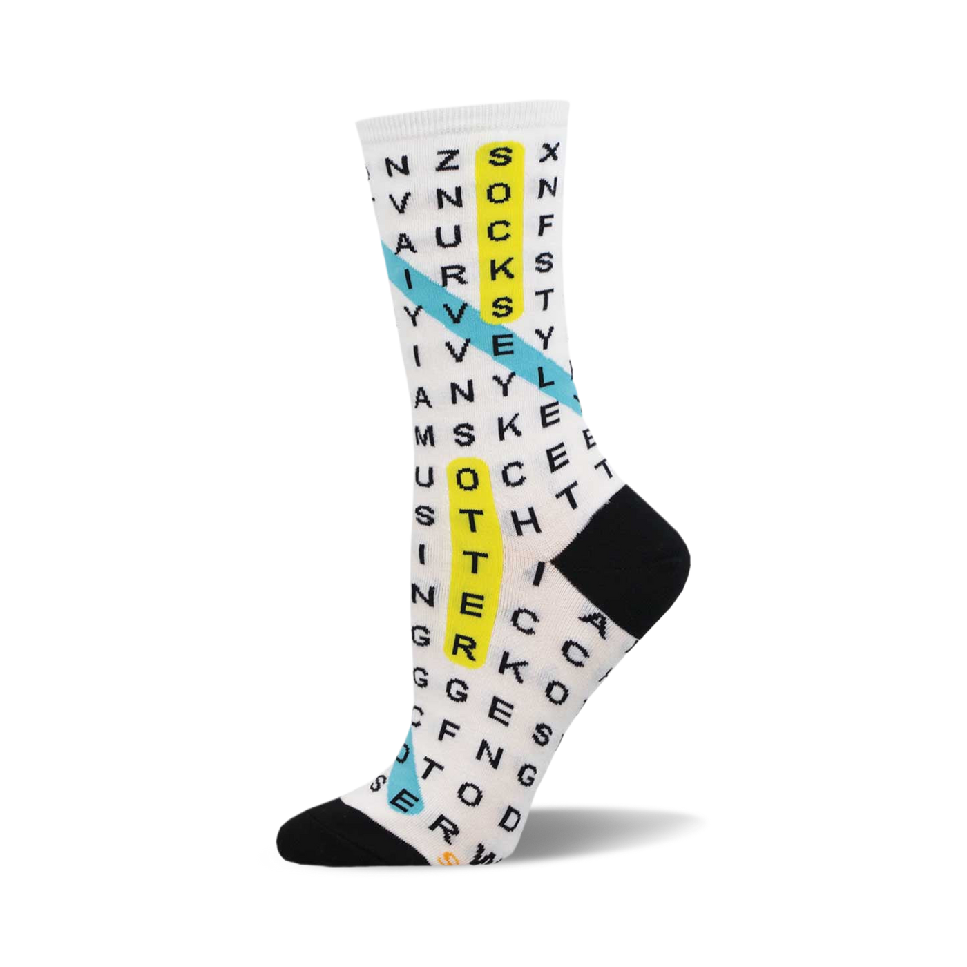 White crew socks with a black, yellow, and teal word search design.  Letters are playfully scattered across the sock.