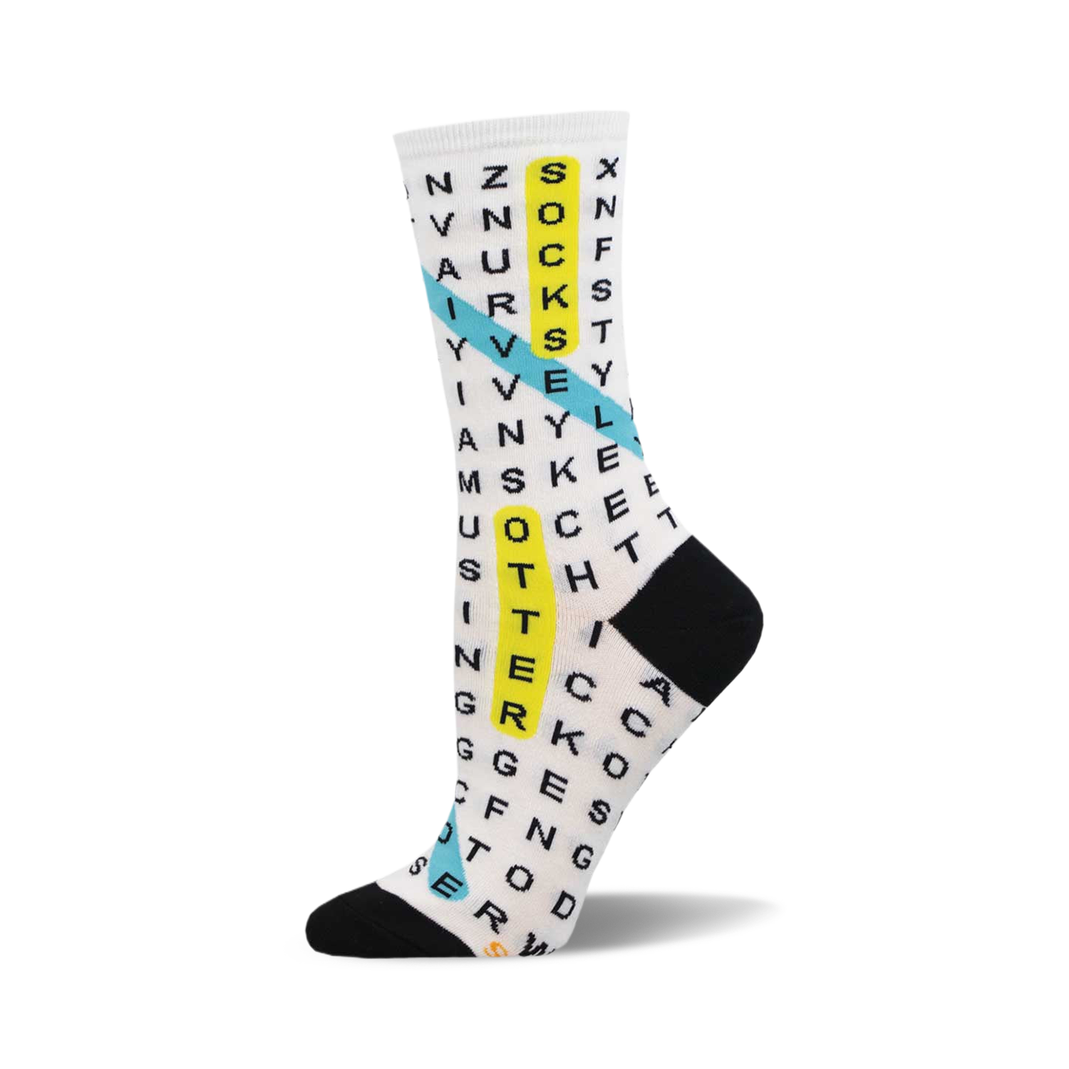 White crew socks with a black, yellow, and teal word search design.  Letters are playfully scattered across the sock.