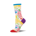 A side view of a crew sock with a white background, rainbow roses, teal cuff, red toe, and purple heel.