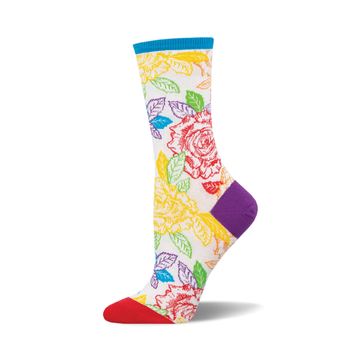 A side view of a crew sock with a white background, rainbow roses, teal cuff, red toe, and purple heel.
