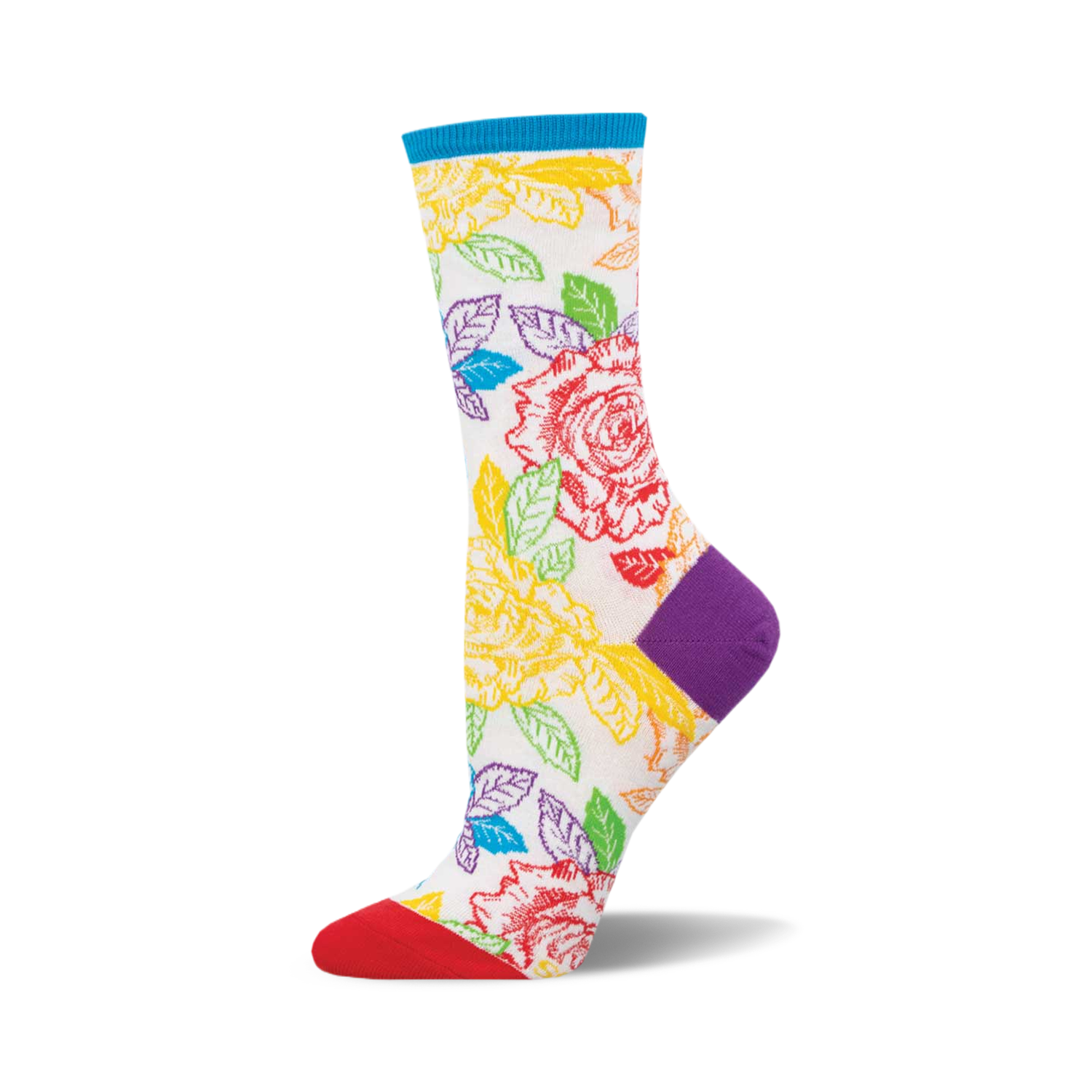 A side view of a crew sock with a white background, rainbow roses, teal cuff, red toe, and purple heel.