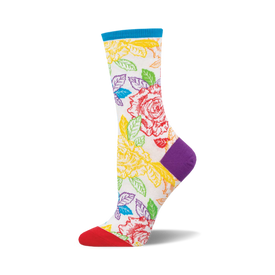 socks with a pattern of roses and leaves in various colors on a white background. the colors include red, orange, yellow, green, blue, and purple. socks with a red toe and a purple heel and cuff.