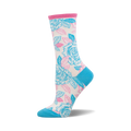 Cream crew socks with a vibrant floral design. Features blue and pink roses with green leaves.  A pop of teal blue at the toe and cuff.