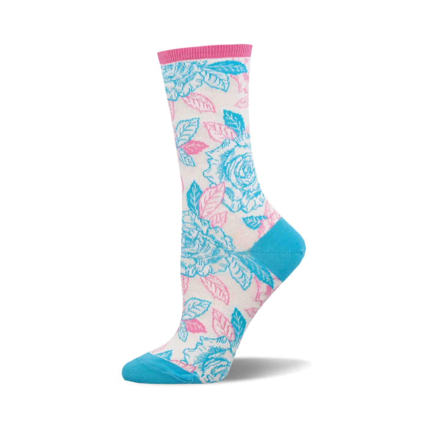 Cream crew socks with a vibrant floral design. Features blue and pink roses with green leaves.  A pop of teal blue at the toe and cuff.