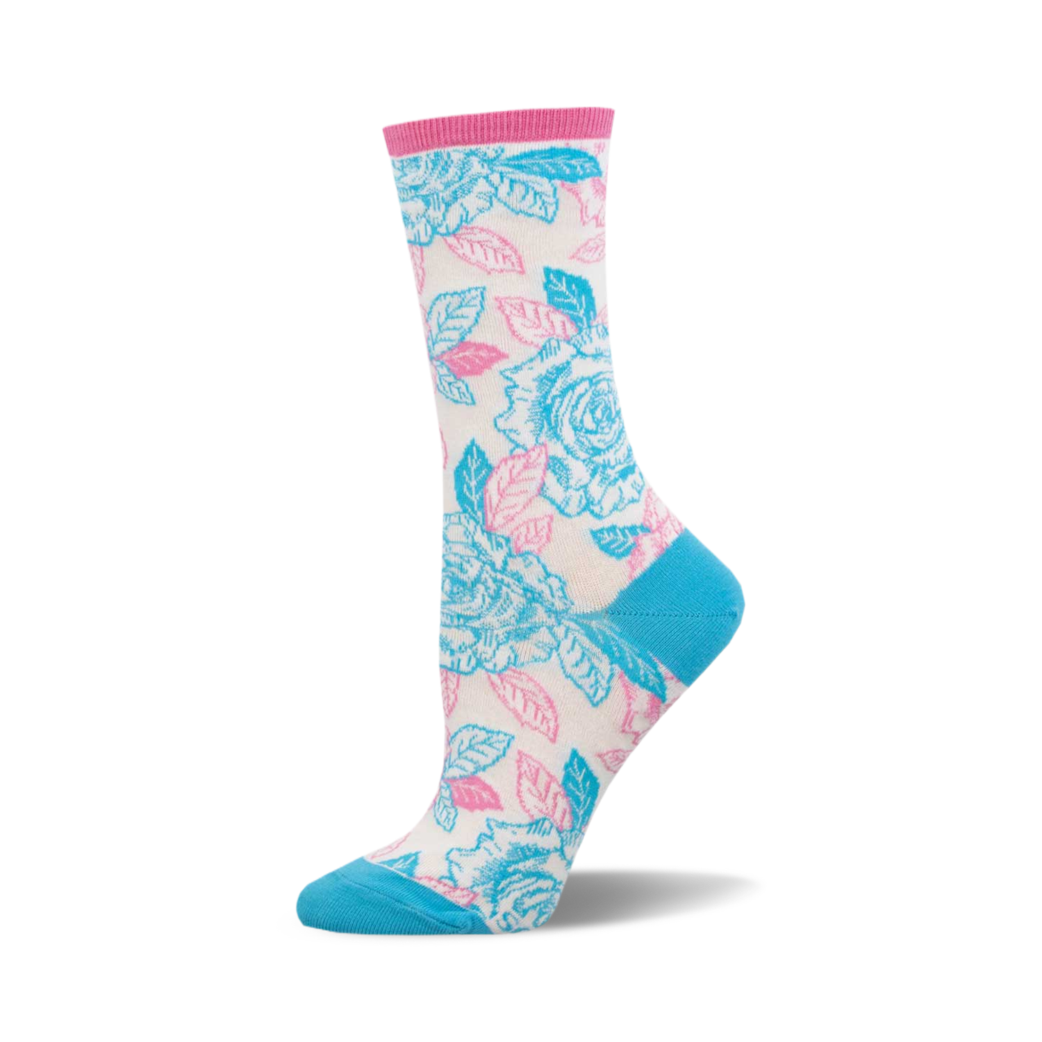 Cream crew socks with a vibrant floral design. Features blue and pink roses with green leaves.  A pop of teal blue at the toe and cuff.