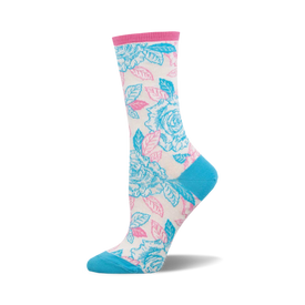 socks with a pattern of pink and blue roses with green leaves on a white background. the top of the sock is pink. the heel and toe are blue.
