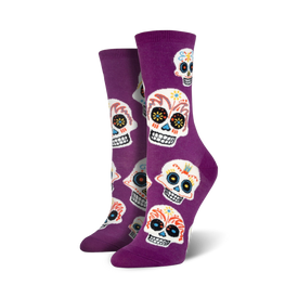purple crew socks for women featuring a colorful multi-colored sugar skull pattern and day of the dead theme.  
