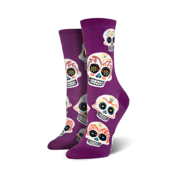 purple crew socks for women featuring a colorful multi-colored sugar skull pattern and day of the dead theme.  