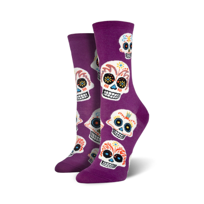 purple crew socks for women featuring a colorful multi-colored sugar skull pattern and day of the dead theme.  