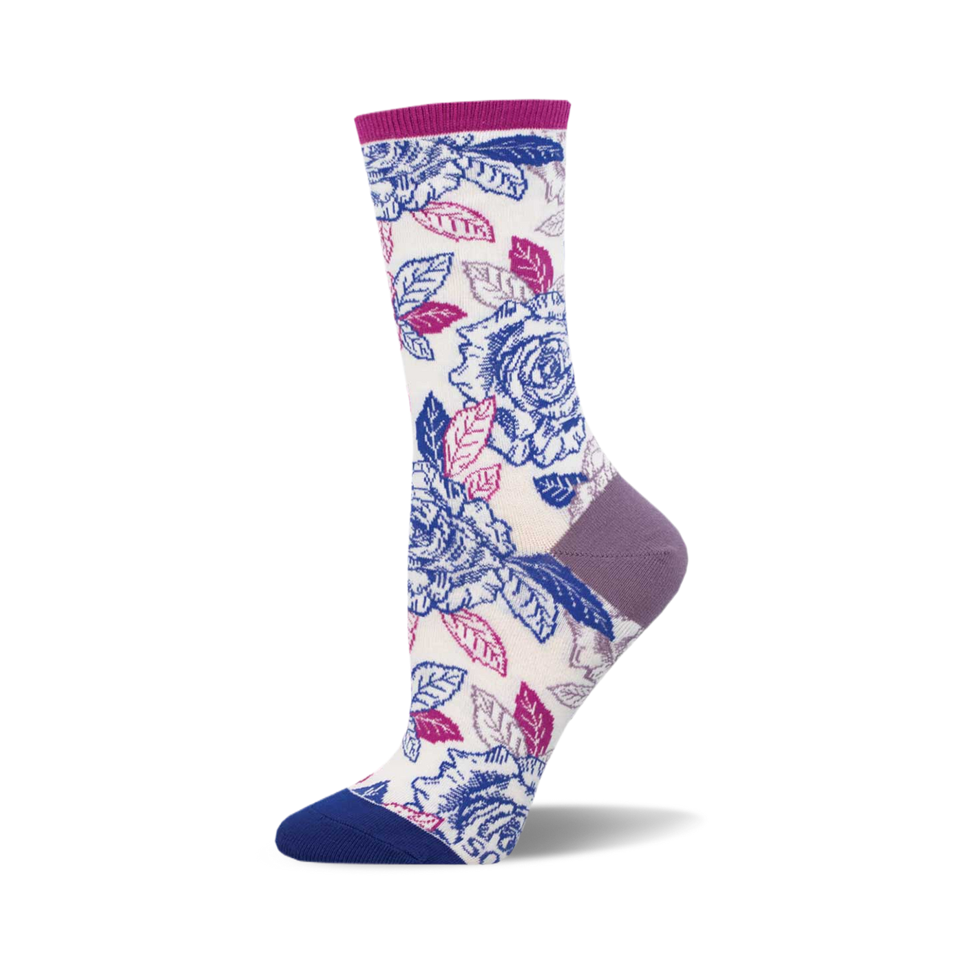 A pair of cream crew socks adorned with a vibrant print of purple and blue roses and leaves. The socks have purple and blue accents at the heel and toe.