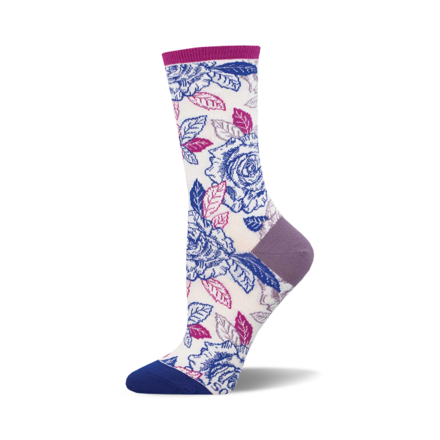 A pair of cream crew socks adorned with a vibrant print of purple and blue roses and leaves. The socks have purple and blue accents at the heel and toe.