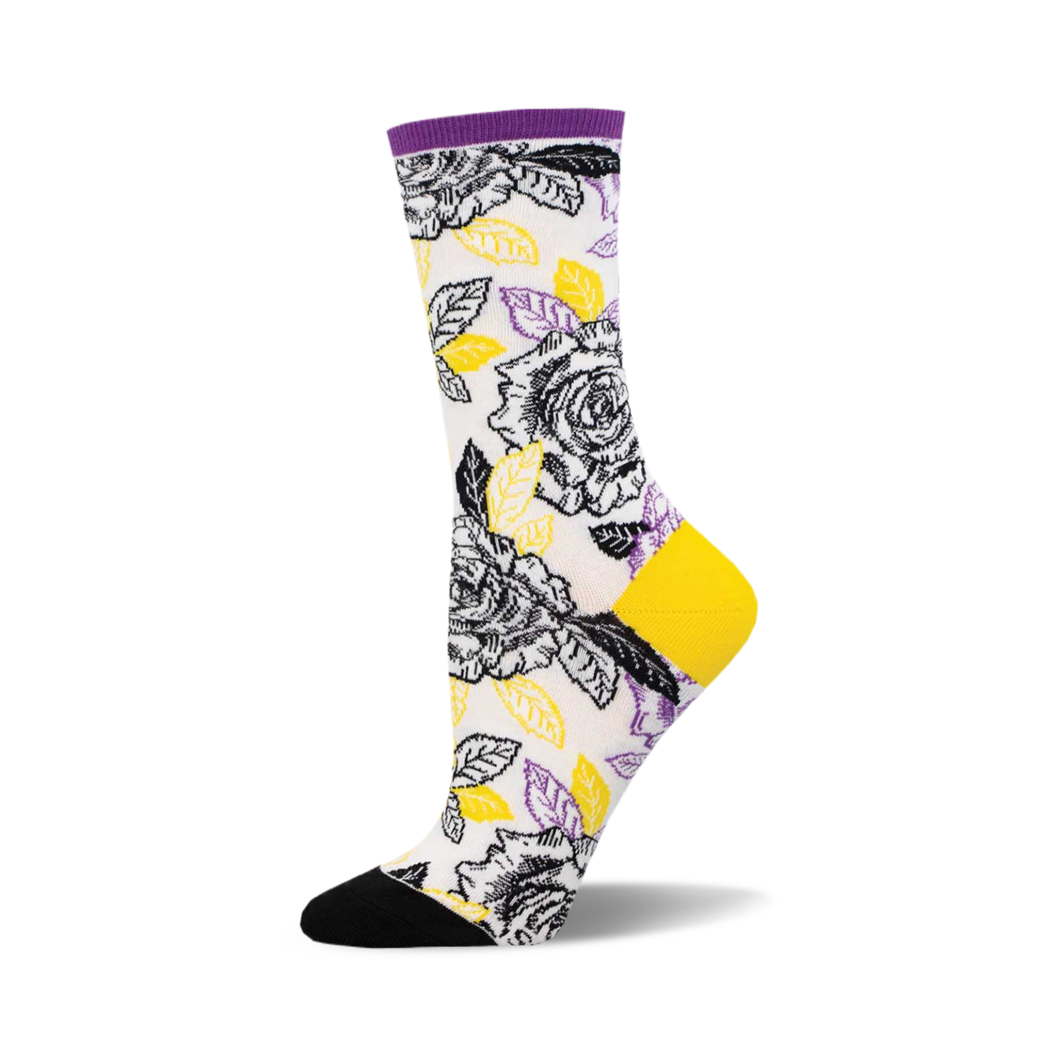 Crew socks with a white background featuring a black and white rose pattern accented with yellow and purple leaves.