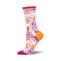 Crew socks with a cream base, purple and orange roses, and a contrasting orange heel and toe.