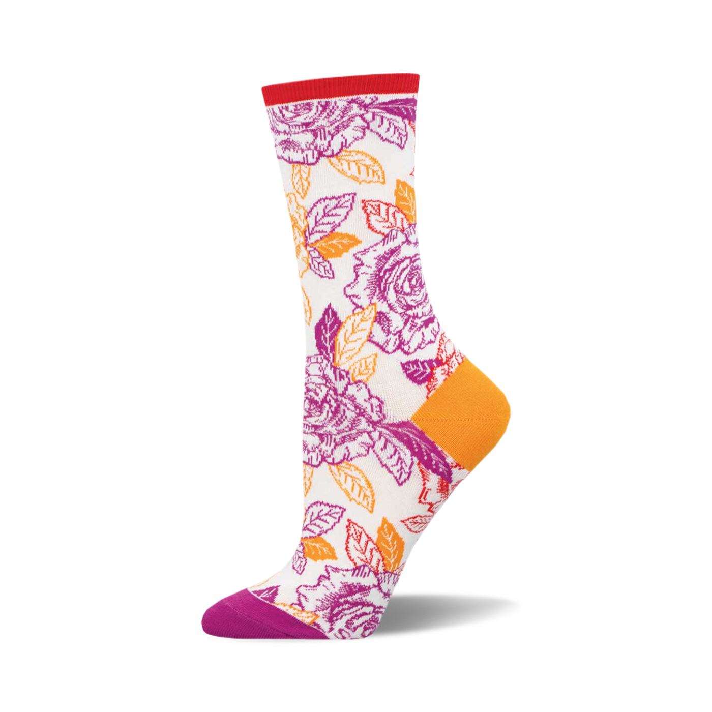 Crew socks with a cream base, purple and orange roses, and a contrasting orange heel and toe.