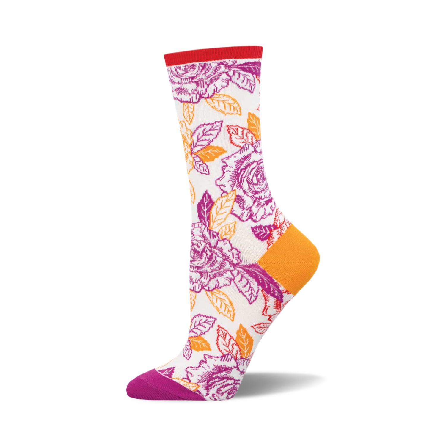 Crew socks with a cream base, purple and orange roses, and a contrasting orange heel and toe.