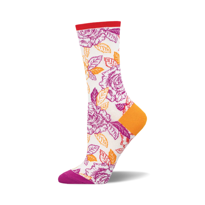 the off-white socks have a pattern of orange and purple roses with green leaves. the top of the sock is red. the heel and toe of the sock are purple. }}